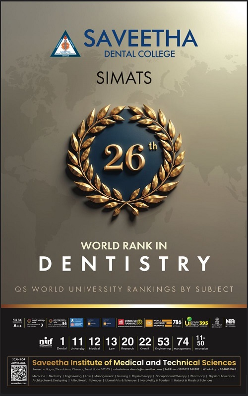 SIMATS Saveetha Joins India’s Elite in Global Rankings: Secures 26th Position in QS World University Rankings by Subject