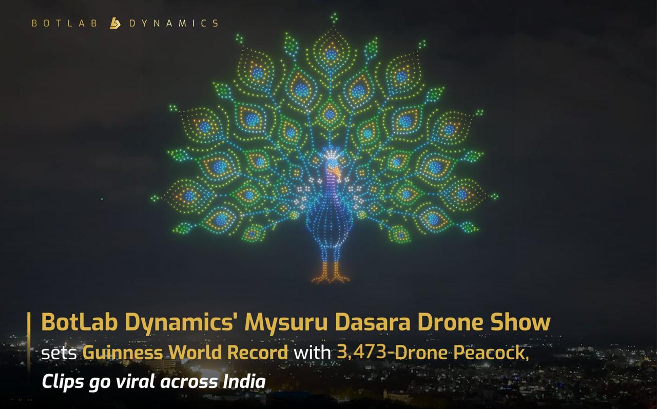 Mysuru Dasara Drone Shows by BotLab Dynamics Sets Guinness World Record with a Spectacular 3,473-Drone Peacock